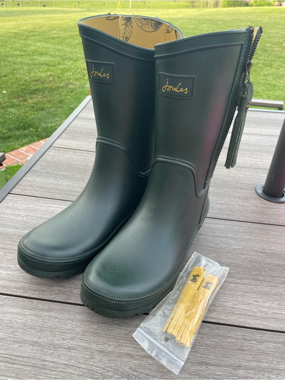 Joules Green Rain Boots with Mustard Floral-Bee Lining